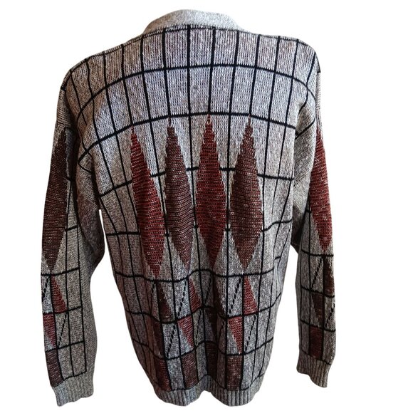 Vintage Men's Cardigan Sweater Large 1990's Ugly Geometric Silver Rayon/Cotton - Picture 2 of 9